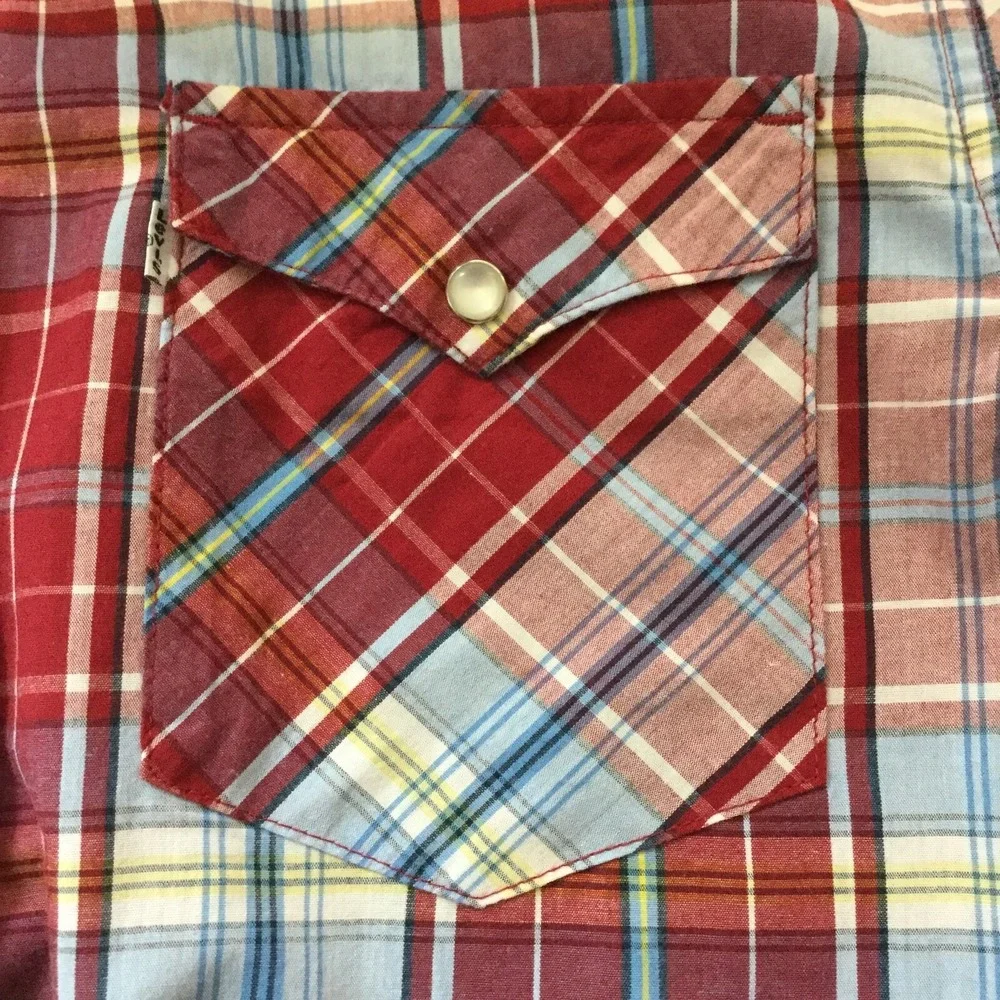 Levi's Strauss Shirt Mens Pearl Snap L Red Blue Plaid Western Cowboy Rodeo‎ SS